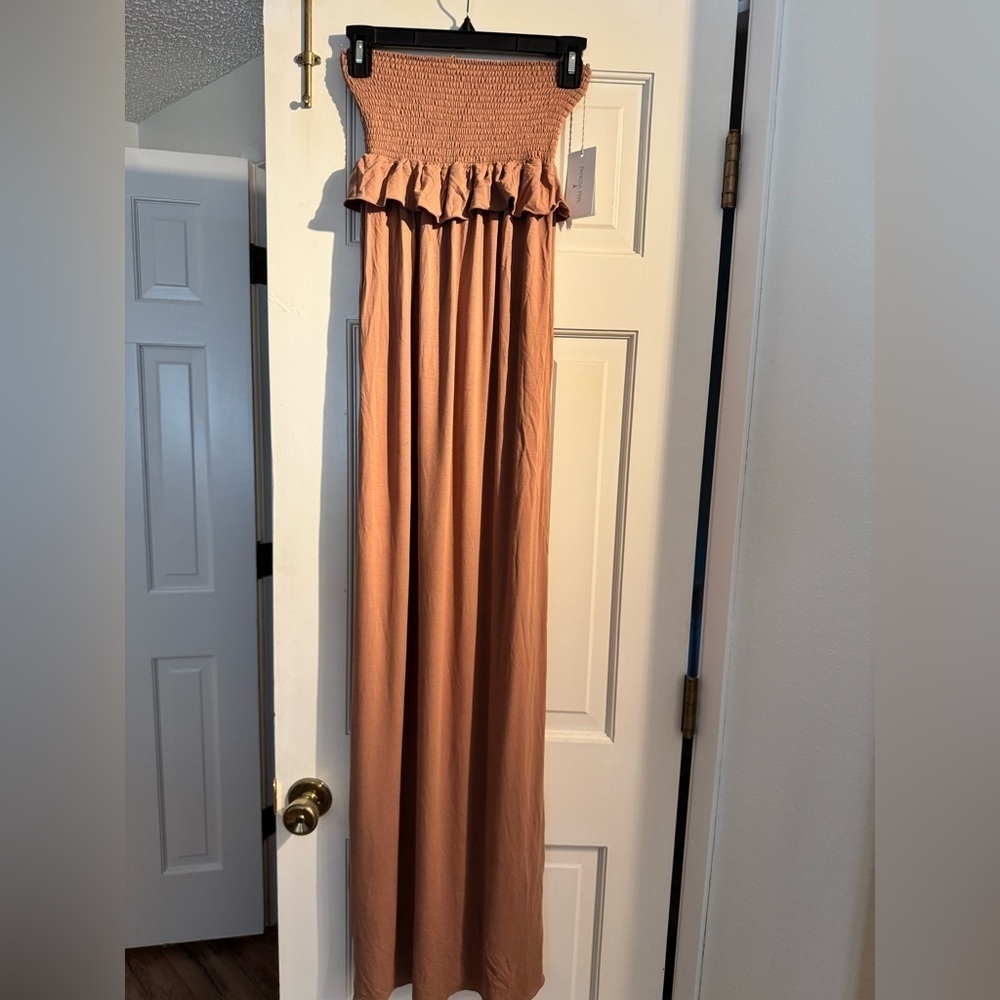 NEW Patrizia Pepe Strapless Maxi Dress Smocked Sake Brown US 6 Stretch NWT